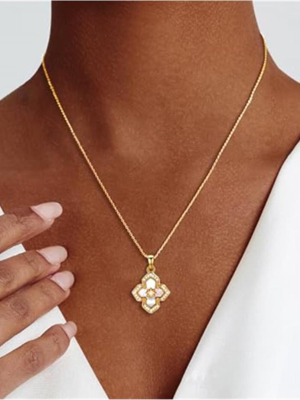 14K Gold Plated Pearl Clover Necklace Dainty Four Leaf Pendant 17"+2"